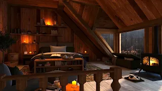 Crackling Fireplace With Thunder and Rain Sounds | Cozy Attic Ambience