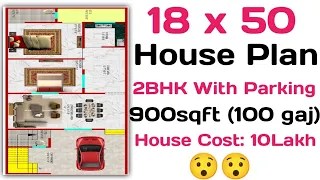 18 x 50 (100 gaj) Modern House Plan || 2BHK With Car Parking || 900 sqft House Plan (Hindi/Urdu)