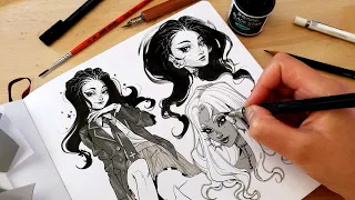 ♡ Draw with me - using MANGA SCREENTONES on paper! Pen and Ink drawing // Character Design