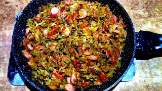 how to cook tasty dinner 🥘 Cabbage stew with sausages and mushrooms. Plain recipe 👨🏻‍🍳