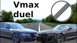 Chevrolet Camaro ZL1 vs. Audi S8 plus acceleration / Vmax 312kph/ 194mph on German Autobahn