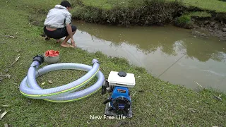 Wild Fishing Exciting, Unique Catch Big Fish With A Large Pump Cannon Sucks Water Out Of Wild Lake