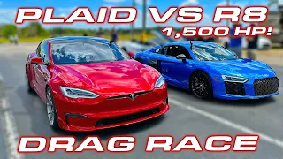 HOW TO BEAT A PLAID * 1,400 HP Audi R8 Twin Turbo vs Tesla Plaid Drag Race