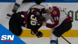 Mackinnon Drops Gloves With Fischer After Crouse Crushes Makar Into Boards