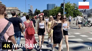 Scenic view in Streets of Downtown Warsaw, Poland. 4k City Walk