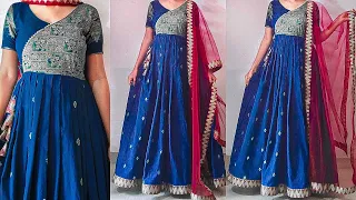 Convert Saree into Angrakha style long gown cutting stitching |long dress/gown/frockcuttingstitching