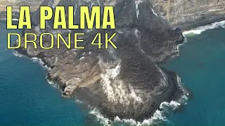 Drone: The new lava delta! Lava flows near the ocean, between Todoque and La Laguna Mounts 4K 30 fps