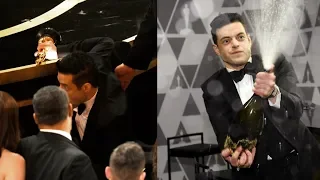 Rami Malek Falls Off Oscar Stage After Accepting Award, Parties Nonetheless