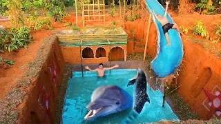 Primitive Survival 4K Video - Dig To Build Amazing Swimming pool Around Underground House Dolphin