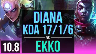 DIANA vs EKKO (MID) | KDA 17/1/6, Triple Kill, 9 solo kills, 73% winrate | NA Master | v10.8