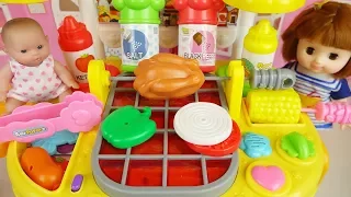 Baby doll and grill kitchen food cooking toys play