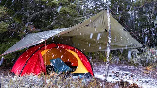 CAMPING in SNOW - Freezing Rain Storm - Tent Camping in the Rain