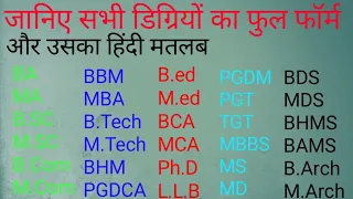 सभी डिग्रियों का full form BA,B.Sc,B.ed,B.Com,M.Com,BBA,MBA,B.Tech,M.Tech...