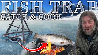 Fish Trap Catch & Cook | NEW Ice Fishing Bushcraft Build | Overnight Winter Camping