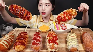 SUB)바삭쫀득 명랑핫도그 먹방!🌭신메뉴 라면맵땅 통모짜 할라피뇨소세지 통가래떡까지 체다치즈소스에 찍어먹기✨ Crispy corn dogs Mukbang Asmr