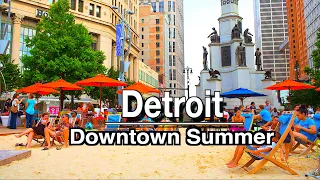 Detroit Downtown Michigan Summer Walking Tour | 5K 60FPS | City Sounds