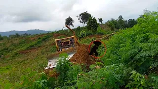 High risk work D6R XL bulldozer cutting hills for oil palm plantation roads