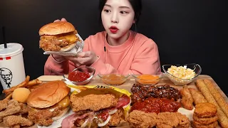 SUB)KFC 치킨 햄버거 먹방!🍗🍔 블랙라벨더블다운버거 양념치킨 너겟 치즈스틱 닭껍질튀김까지 리얼사운드 KFC Chicken Hamburger Mukbang Asmr