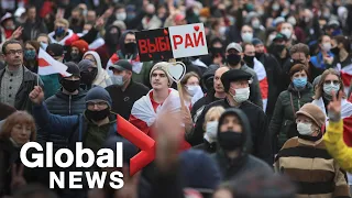 Belarus protests: Demonstrators fill streets for 11th weekend amid calls for national strike