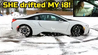 Girl drifts BMW i8 in the snow!