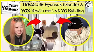 🆈🅶🅵🅼 HYUNSUK (new blond) meets YEOJIN of YGX infront of the YG Building || TREASURE & YGX moment