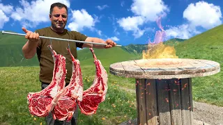 Chef Tavakkul Cooks RibEye Steak in an Improvised Tandoor Made of a Wooden Cable Drum