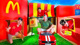 Worlds BIGGEST McDonalds Box Fort HOTEL! Drive Thru, Skybridge & MORE!