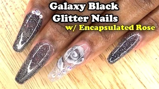 Acrylic Nails Galaxy Black Glitter Nails with Encapsulated 3D Acrylic Rose - LongHairPrettyNails