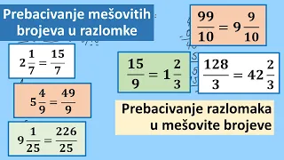 Prebacivanje mešovitih brojeva u razlomke i prebacivanje razlomaka u mešovite brojeve