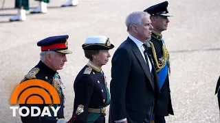 Queen's 4 Children Walk Behind Her Coffin As It Arrives At St. Giles