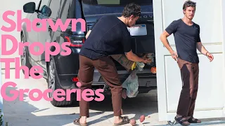 Shawn Mendes Groceries Fall Out Of His Trunk While Unloading At His Home.