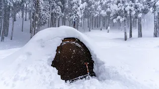 Snowstorm solo camping | Hot tent hidden by snow