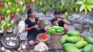 Pick egg and red apple for survival food, Mouth watering Green mango Vs salt chili Eating delicious