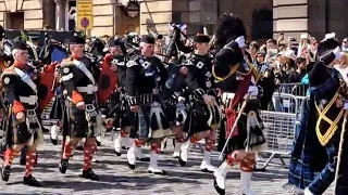 Military Pipes & Drums Bands Marching towards Holyrood Palace After Kings Coronation
