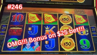 I got bonus on $25 bet and it RE-TRIGGERED!!! Dragon Cash Golden Century Buddha, Panda & Autumn 246