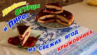 Лепешки ,огурцы и пирог из свежих ягод крыжовника