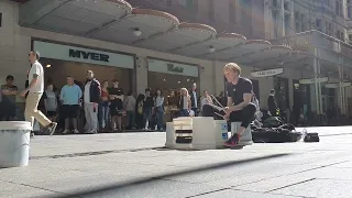 using buckets like double bass drums