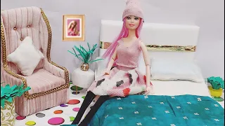 DIY - Barbie doll room |dress from socks |winter cap/ skirt/ diy sofa ,bed, plants , cushions