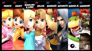 Peach and Daisy and Rosalina & Luma and Zelda VS Bowser and Sephiroth and Bowser Jr. and Ganondorf