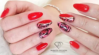 Salon nails. Gel overlay rebalance with red gel polish and roses nail art.