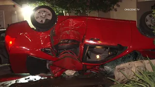 Vehicle Hits Hydrant, Rolls Over, Lands In Driveway Driver Trapped & Transported | Upland