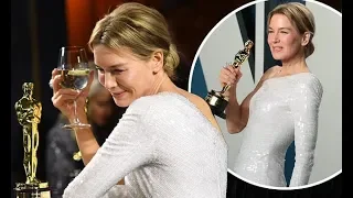 Renee Zellweger beams with pride as she waits for her Best Actress Oscar to get engraved before cele