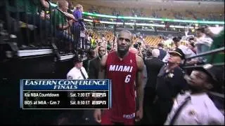 LeBron James has a drink thrown on him after Game 6 - 2012