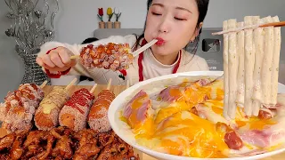 ASMR 베이컨 크림떡볶이 감자핫도그 치즈핫도그 모짜핫도그 닭발 먹방:) Cream tteokbokki Mozzarella corn dog Mukbang