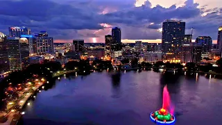 Lake Eola Park in downtown Orlando, Florida / 4k drone sunset footage