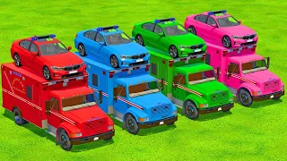 TRANSPORTING CARS, FIRE TRUCK, POLICE CARS, AMBULANCE OF COLORS! WITH TRUCKS! - FARMING SIMULATOR 22