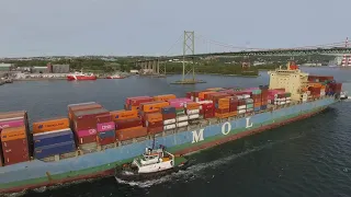 Aerial View of Container Ship MOL EMISSARY Under MacKay Bridge - Inbound Halifax, NS, Canada