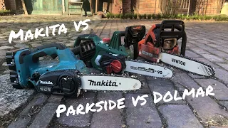 Makita vs Parkside vs Dolmar DUC 252 vs PKSA 20-Li cordless chainsaw competition