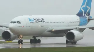 EXTREME SPRAY- WET RUNWAY!! Up Close Morning Takeoffs during Heavy Rain- Manchester- 23L