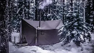 HOT TENT CAMPING • WINTER BUSHCRAFT SURVIVAL • ICE RAIN, SNOW, FROST asmr